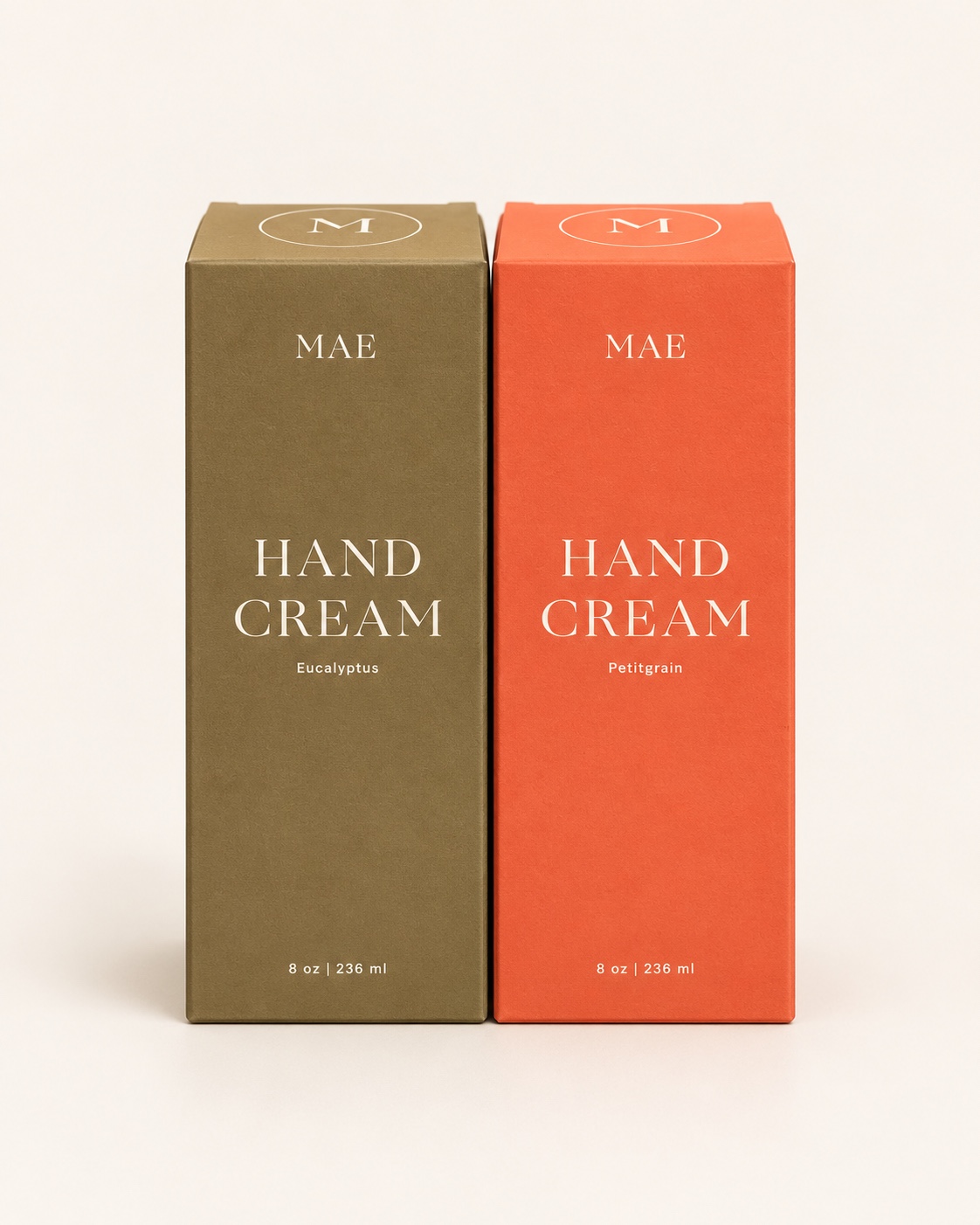 MAE Hand Cream cartons in Eucalyptus and Petitgrain.