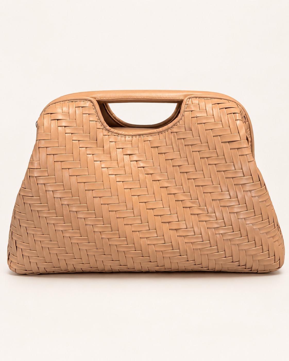 Tan woven handbag with a wide integrated cutout handle.