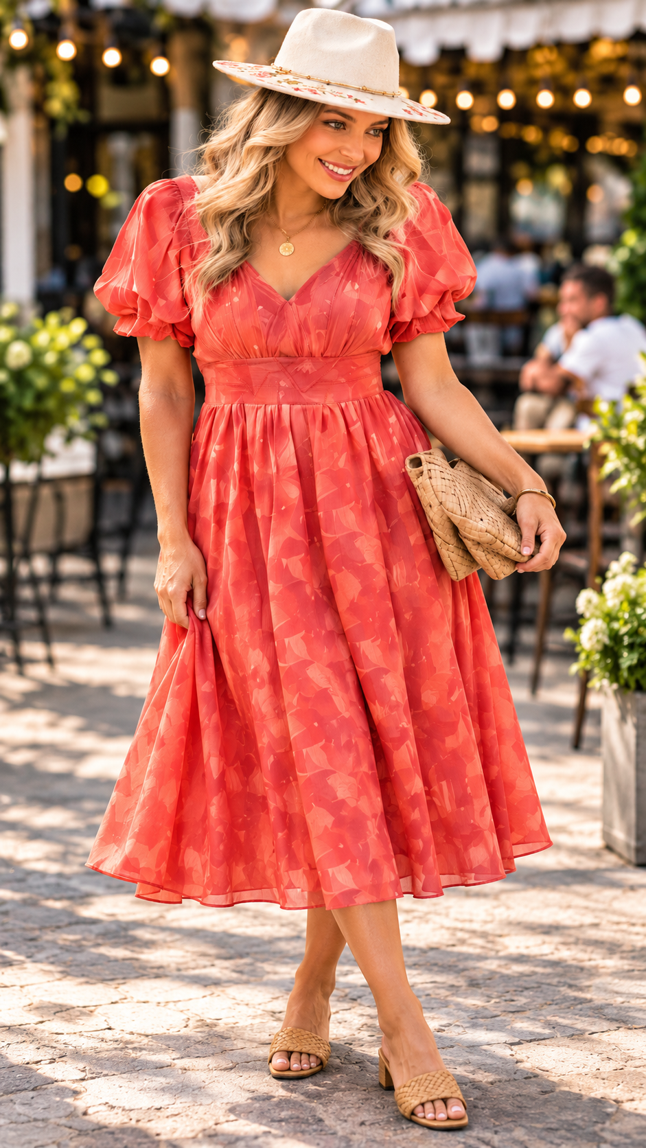 Coral-pink patterned midi dress, ivory floral hat, woven clutch and tan sandals, with the same blonde model featured on the homepage.