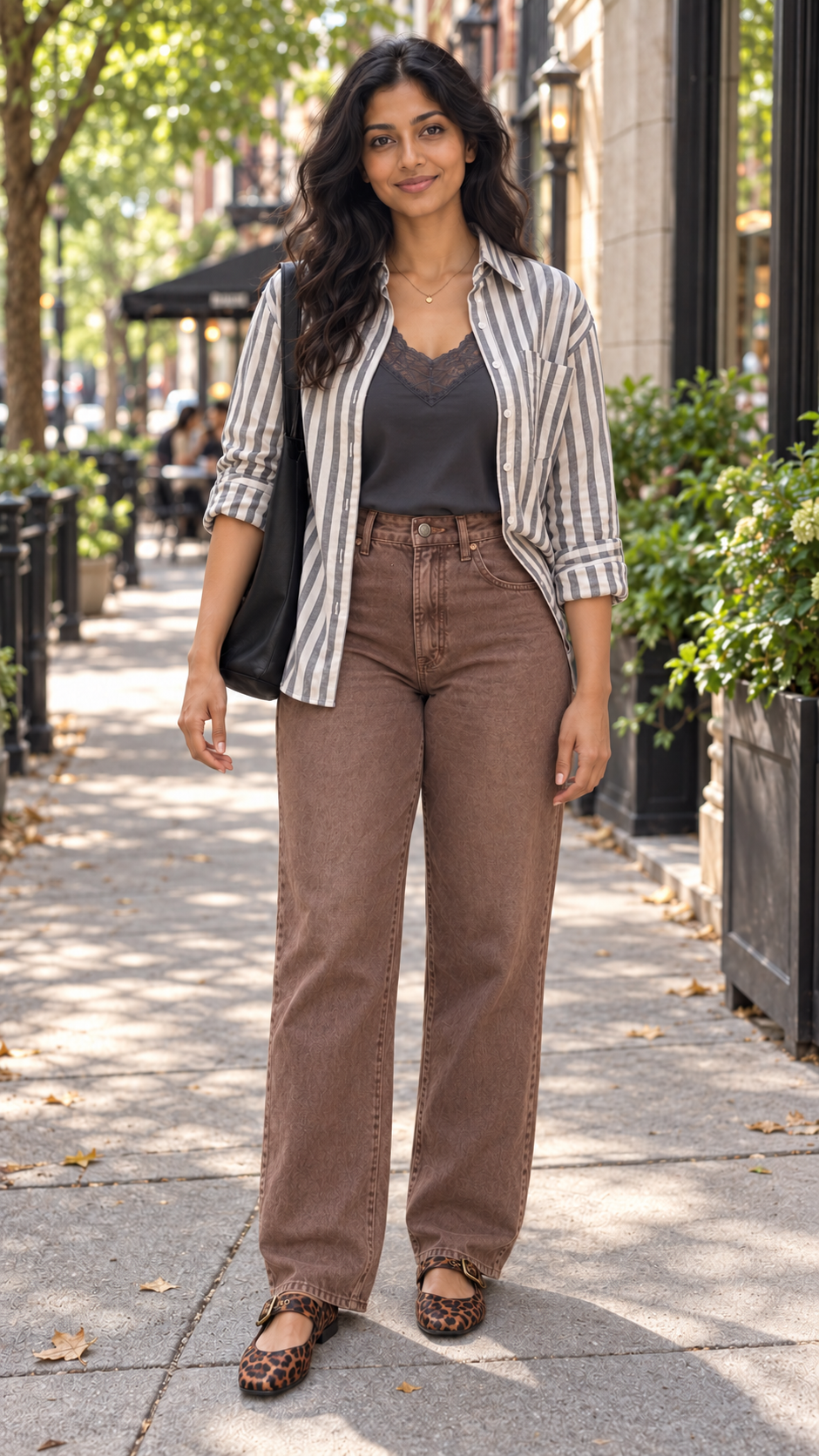 Striped shirt and charcoal lace-trim camisole with full-length brown jeans, black shoulder bag and leopard-print Mary Jane flats on a leafy sidewalk.